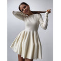 Round Neck Waist Trimming Knitted Dress Women All Match Advanced Pleated Woolen
