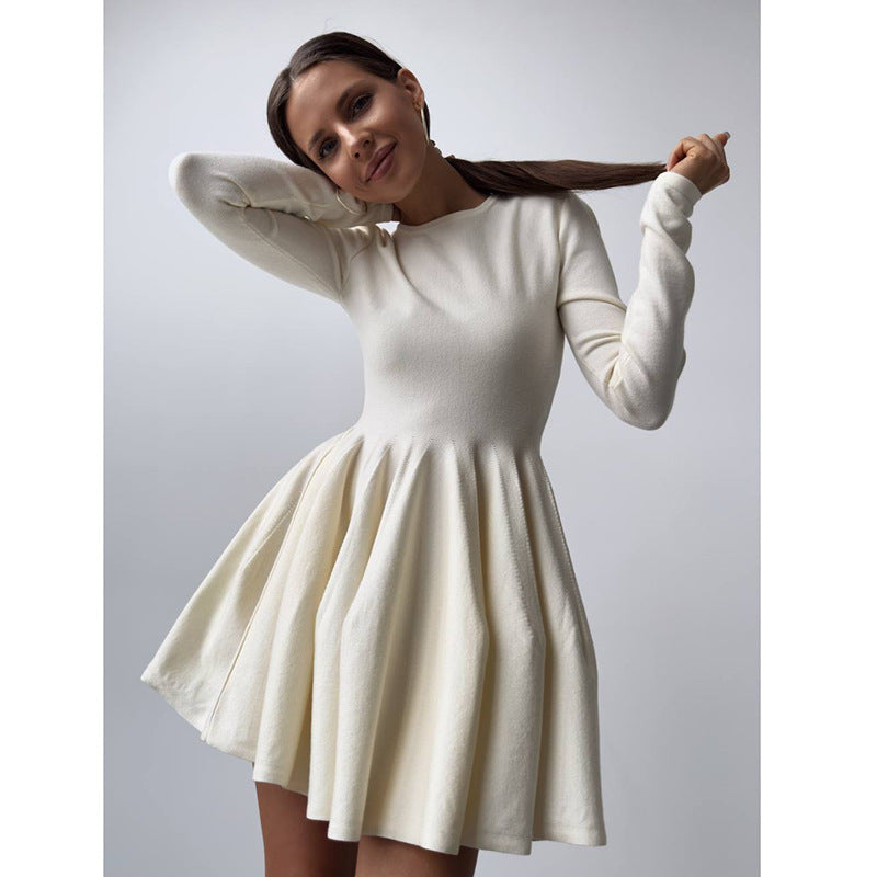 Round Neck Waist Trimming Knitted Dress Women All Match Advanced Pleated Woolen
