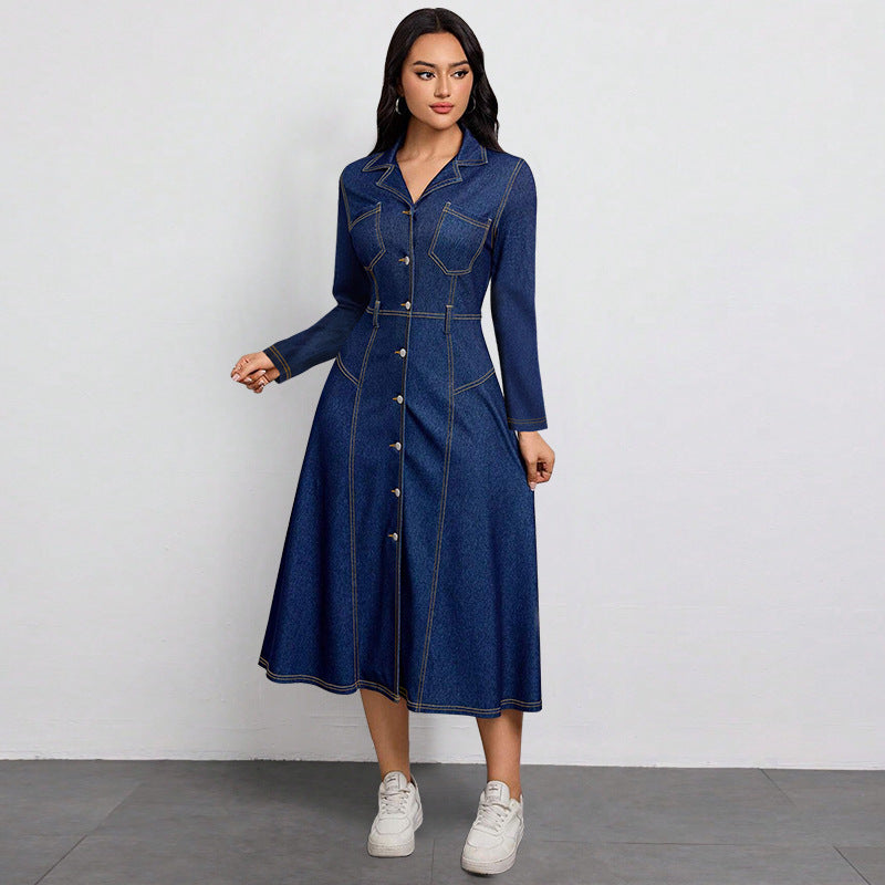 Women Clothing Denim Waist Slimming Thin High Class Elegant Anti Aging Long Sleeves Dress