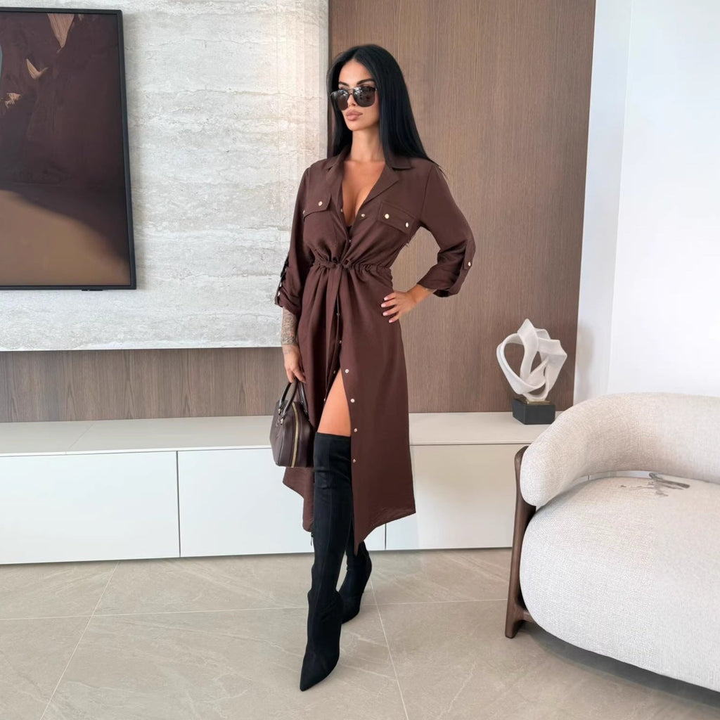 Women Clothing Spring Summer Popular Solid Color Long Sleeve Single Dress