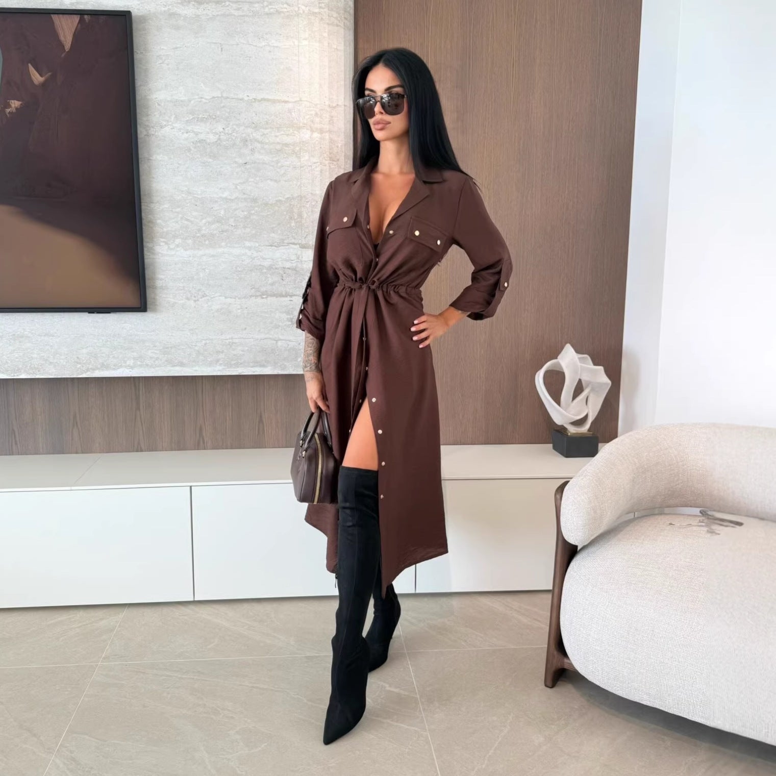 Women Clothing Spring Summer Popular Solid Color Long Sleeve Single Dress
