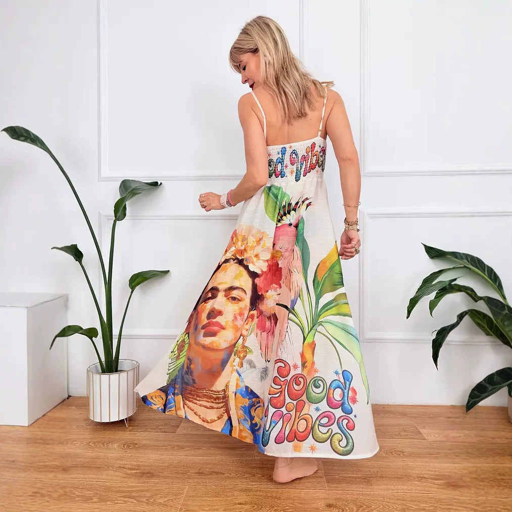 Dress Positioning Printed V neck A Swing Strap Dress for Women