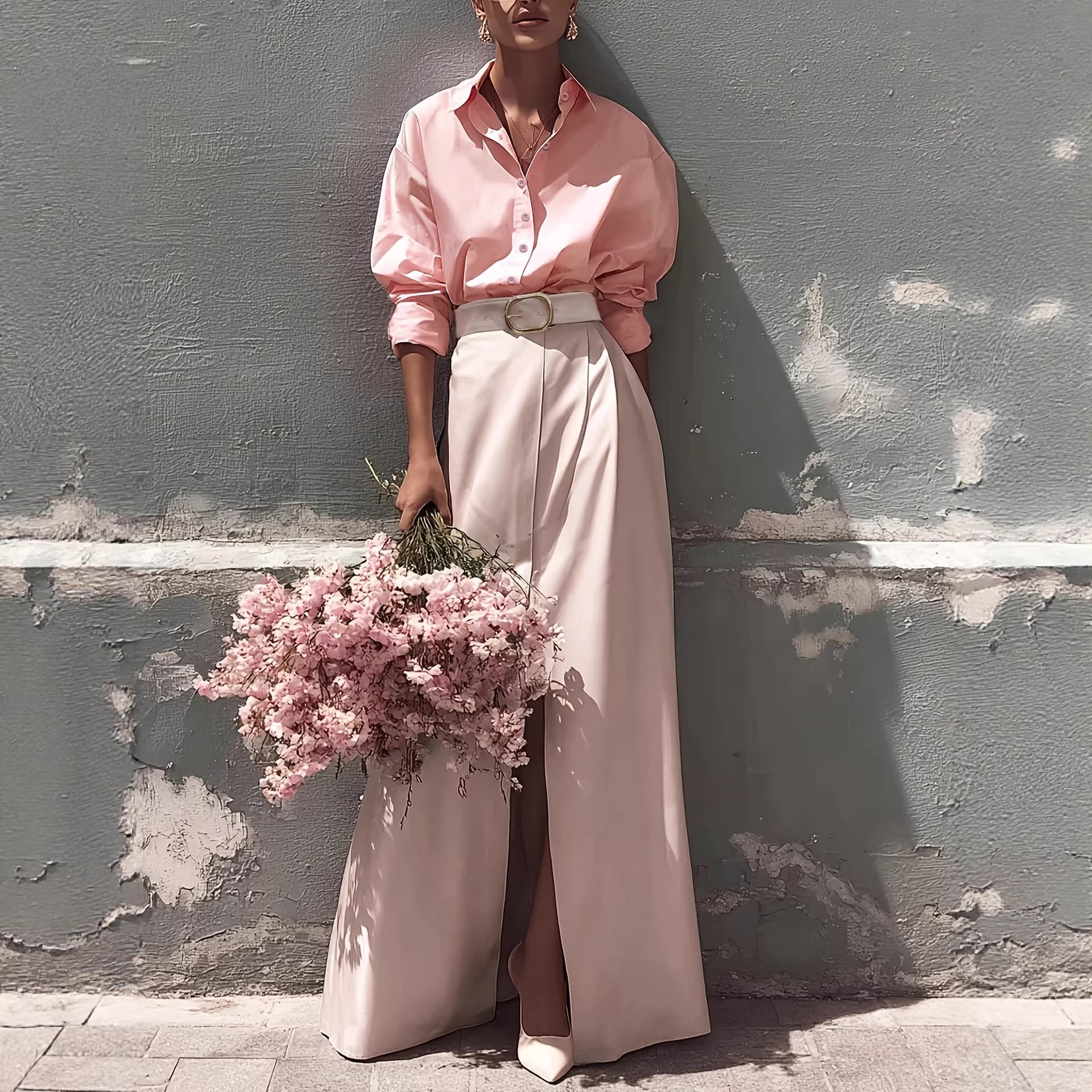 Women Pink Two Piece Set Loose Shirt High Slit Skirt Romantic Skirt Two Piece Sets
