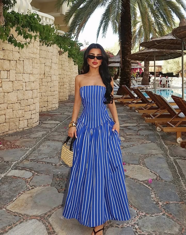 Dress Striped Print Wrapped Chest Nipped Waist Sexy Large Swing Dress