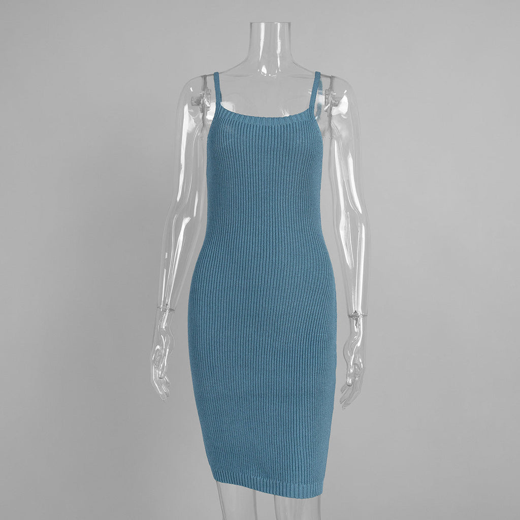 Round Neck Knitted Dress Spring Summer Elegant Graceful Hip Wrapped Short Knit Halter Dress