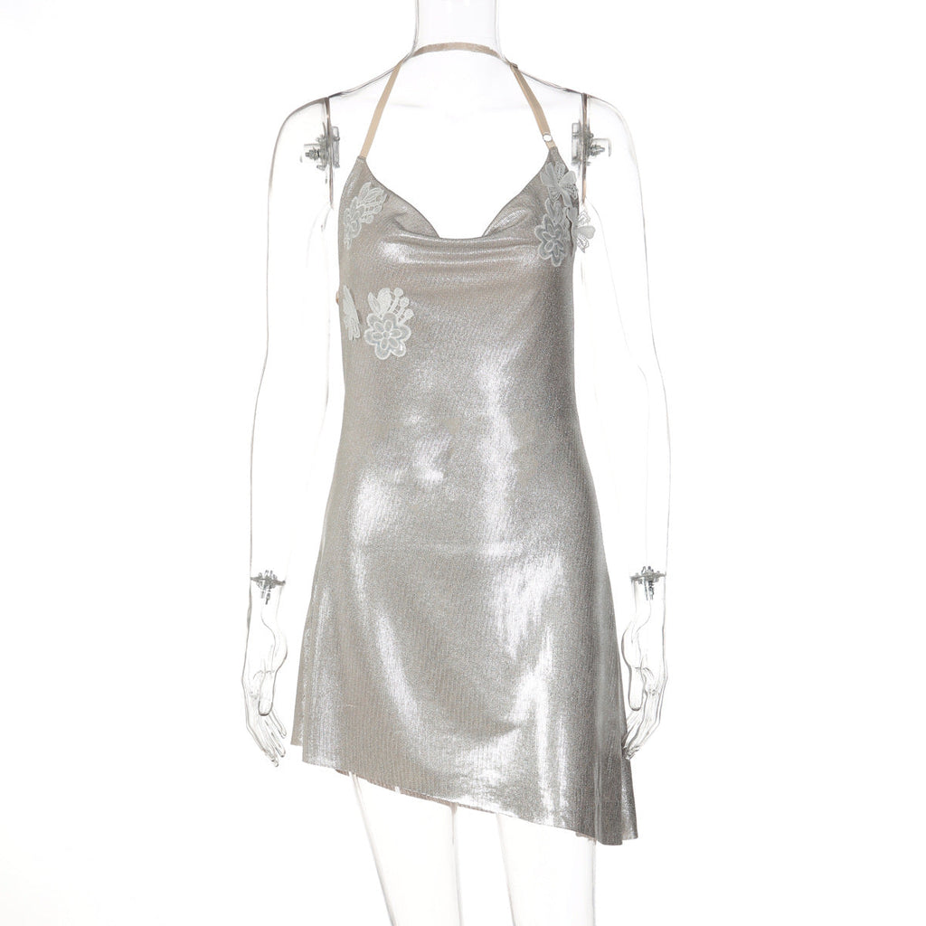 Spring Women Clothing Halter Swing Collar Sexy Backless Bronzing Slim Dress