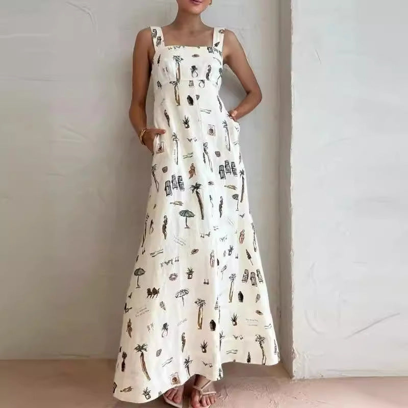 Bow Bandage Summer Maxi Dress Women Cothing Printed Sleeveless Office Long Suspender Amplified craft