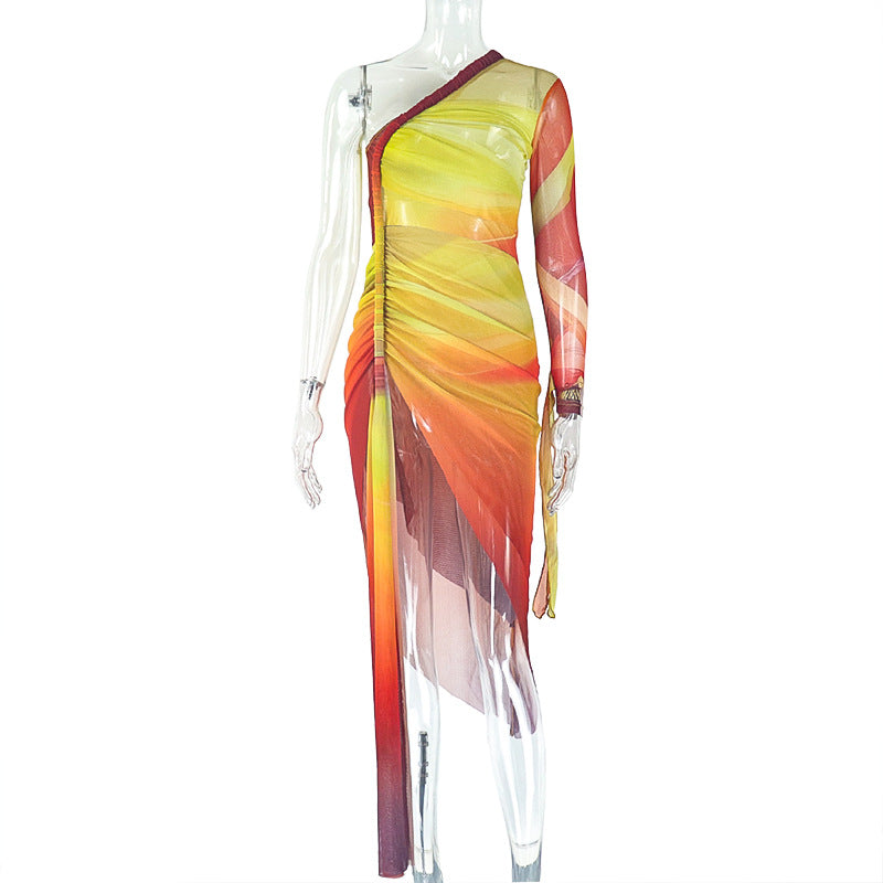 Women Clothing Pleated Color Matching Slit Slim Fitting Asymmetric Diagonal Collar Shoulder Long Sleeve Dress