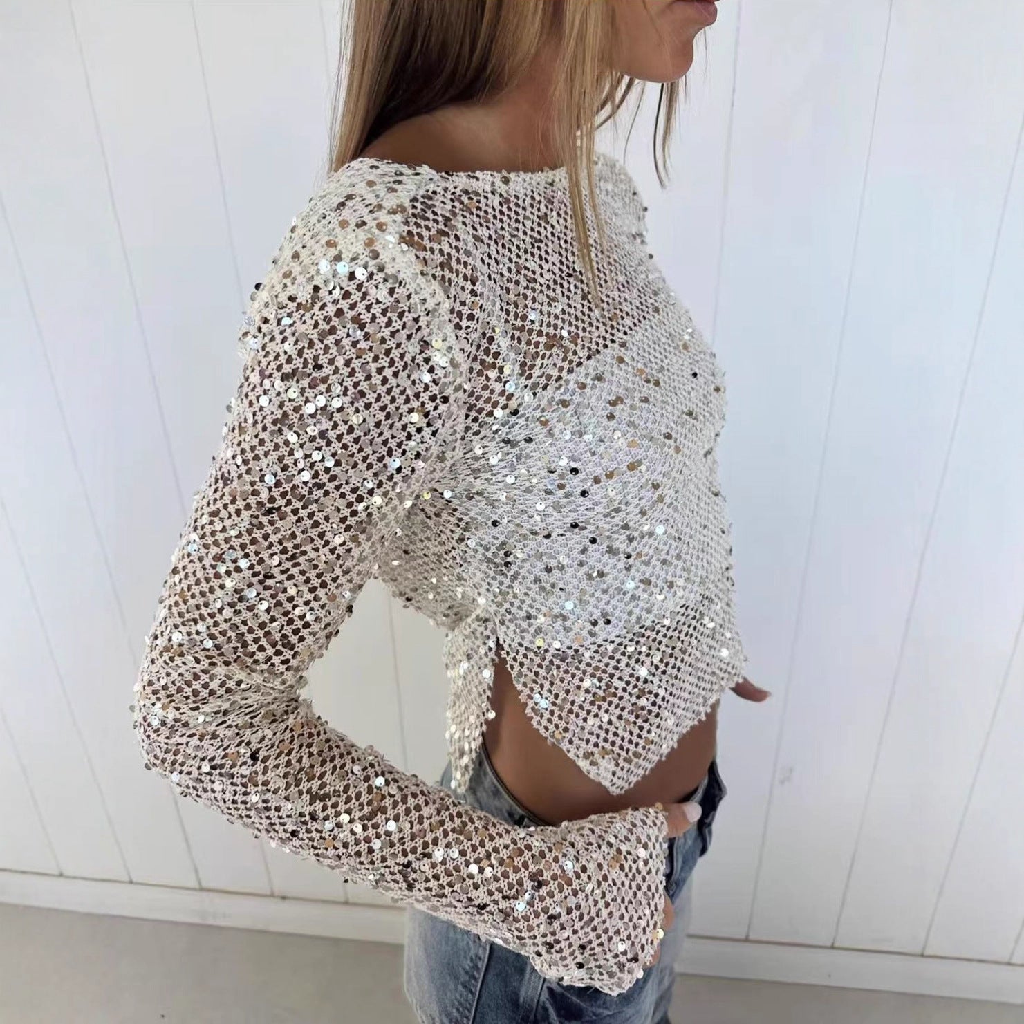 Autumn Winter Sequin Fishnet Sexy Two Way Wearing Long Sleeved Top