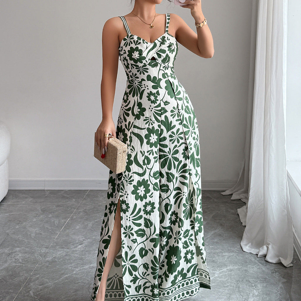 Spring Summer Elegant Twist Print Sling Wide Leg One Piece Long Pants Women Clothing