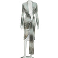 Women Clothing Autumn Casual Elegant Printed Deep V Plunge Long Sleeve Ribbon Pleated Maxi Dress