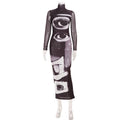 Women Clothing Three Dimensional Printing Double Layer Mesh Turtleneck Long Sleeve Dress Long
