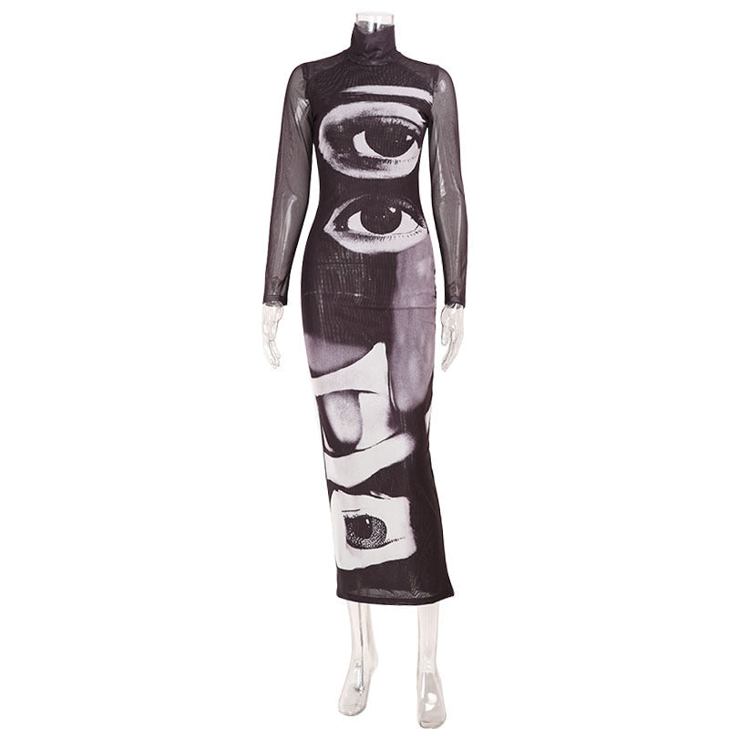 Women Clothing Three Dimensional Printing Double Layer Mesh Turtleneck Long Sleeve Dress Long