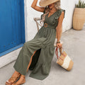 Casual Retro Solid Color Texture Ruffled Split Dress