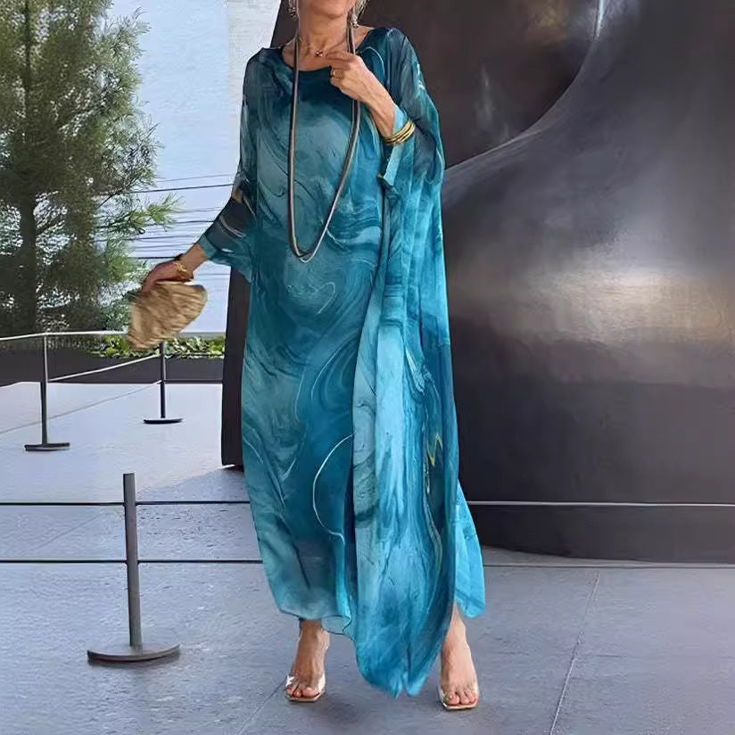 Summer New America Elegant Office Chiffon Printed Dress Marble Texture
