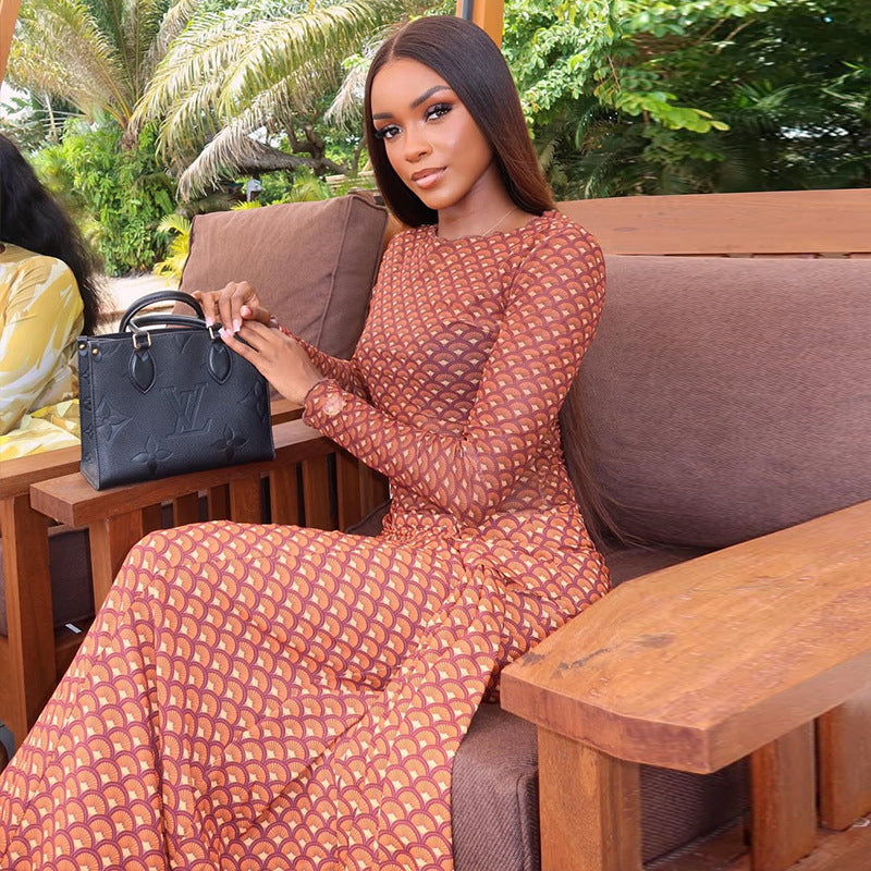 Women Pleated Strap Printing A line Dress round Neck Long Sleeve Casual Holiday Dress