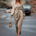 Elegant Cross Collar Pleated Split Puff Sleeve Irregular Asymmetric Long Sleeve Women Dress
