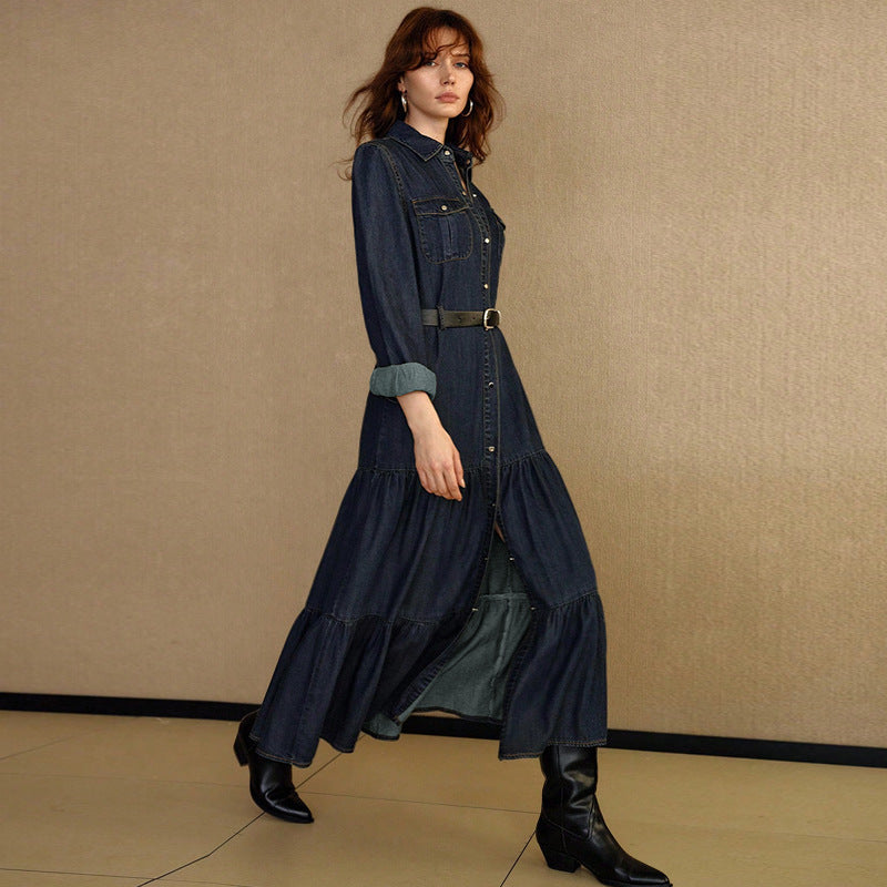 Women Clothing Denim Long Sleeve Breasted Waist Dress（Without Belt）