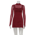 Women Clothing French Square Collar Mesh Stitching Solid Color Simple Waist Controlled A line Dress