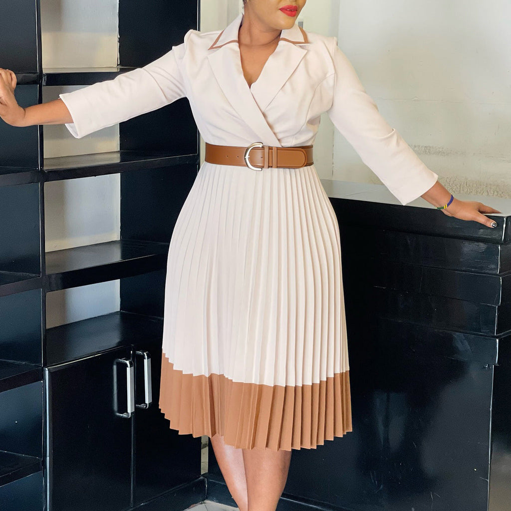 Women Clothing Winter Elegant Elegant Blazers Collar Color Matching Pleated Dress