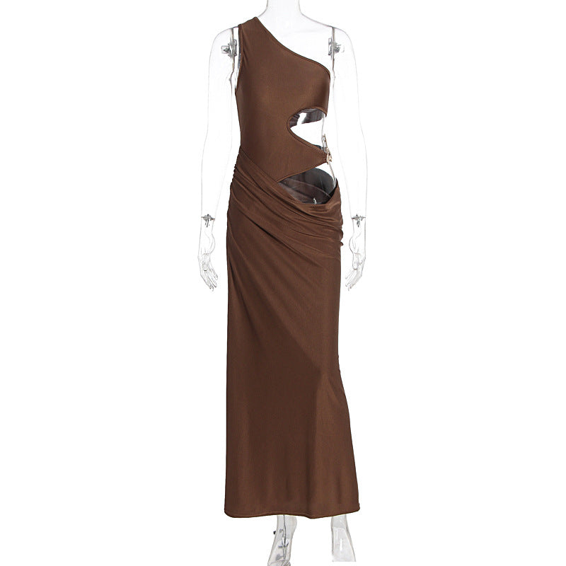 Women Dress Diagonal Collar Sleeveless High Grade Pleated Dress