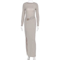 Women Maxi Dress Crew Neck Split Long Sleeve Autumn Dress
