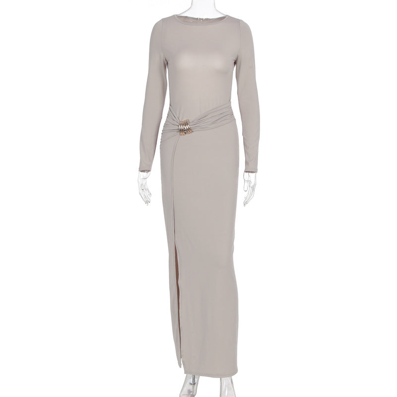 Women Maxi Dress Crew Neck Split Long Sleeve Autumn Dress