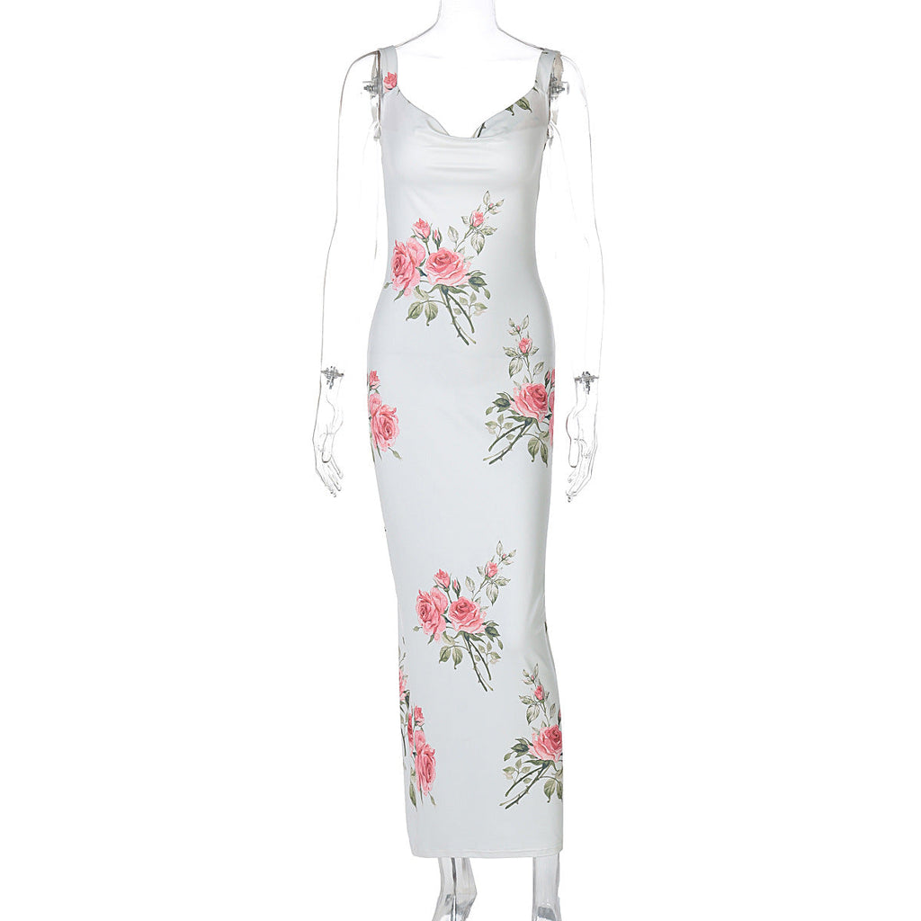 Summer Women Clothes Vacation Printed Maxi Dress Sexy Backless Slim Fit Dress
