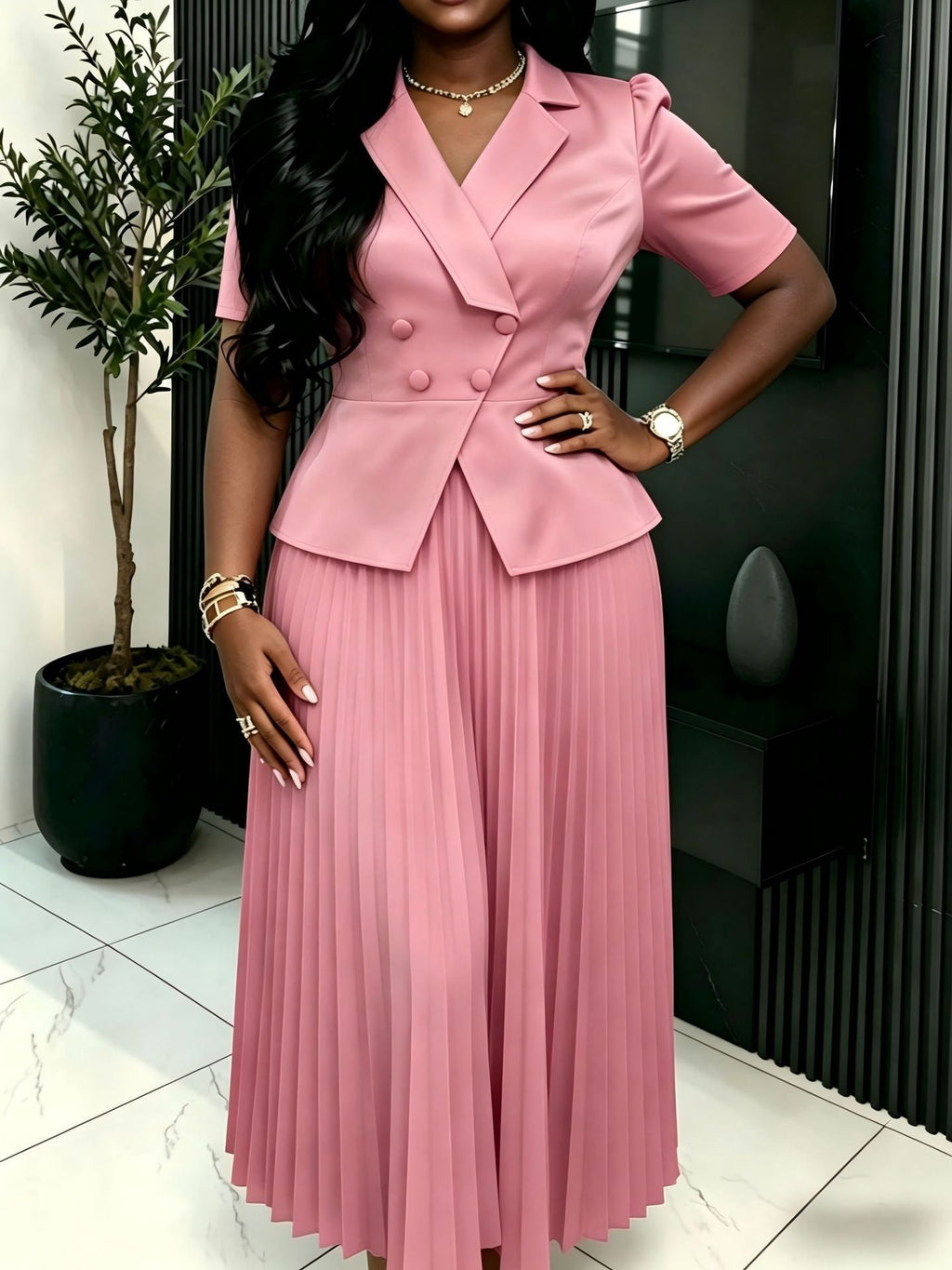 Office Dress Collared Short Sleeve Design Double Breasted Decorative Pleated Dress