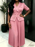 Office Dress Collared Short Sleeve Design Double Breasted Decorative Pleated Dress