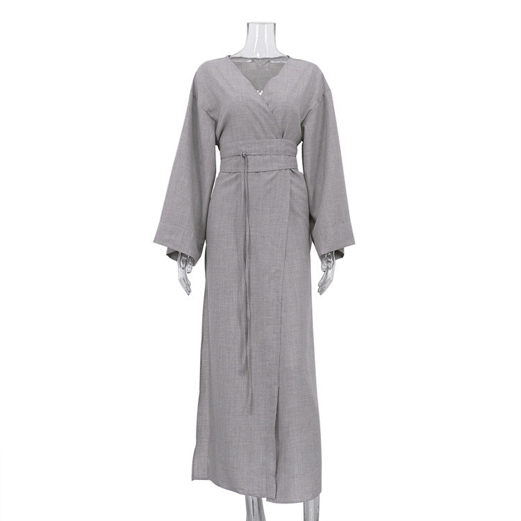 Casual Cross Design Lace up Dress Women V neck Long Sleeve Split High Waist Maxi Dress