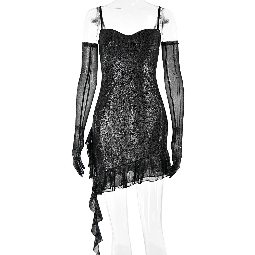 Women Clothing Mesh Silver Strap Tube Top Dress Sexy Sexy Backless Hip Dress