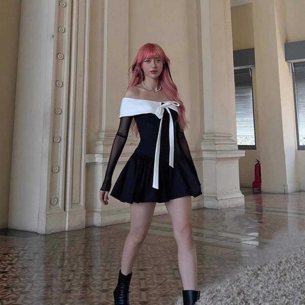 Autumn College Cute Bow Dress Sweet Spicy Doll Collar Contrast Color