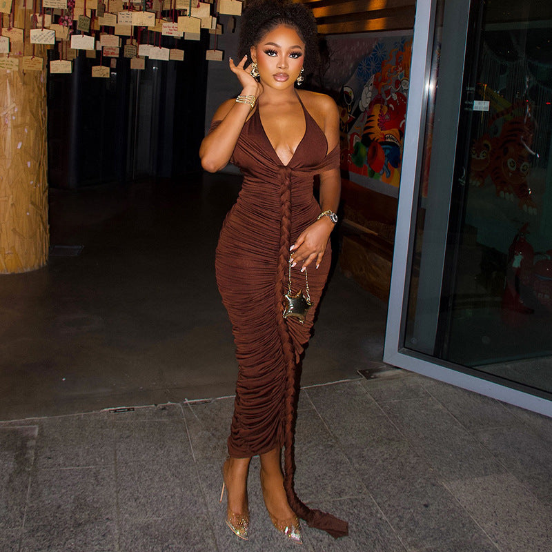 Women Wear Step Solid Color Hip Dress V neck Halter Wrapped Chest Maxi Dress