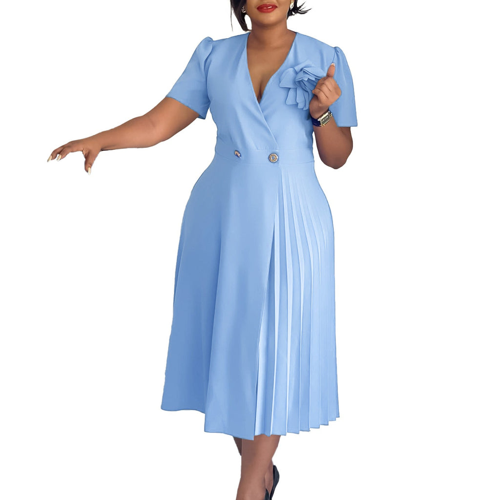 Women Clothing Summer V neck Short Sleeve Solid Color Three Dimensional Floral Pleated African Dress
