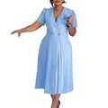 Women Clothing Summer V neck Short Sleeve Solid Color Three Dimensional Floral Pleated African Dress