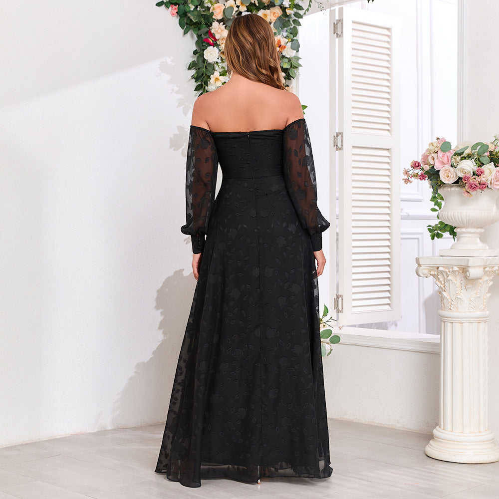 Black off Shoulder Long Sleeve Chiffon Embroidered Evening Dress High Slit Fully Lined Party Dress