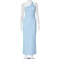 Women Clothing Spring Summer Contrast Color Diagonal Collar One Shoulder Backless Lace up Sexy Sheath Dress Women