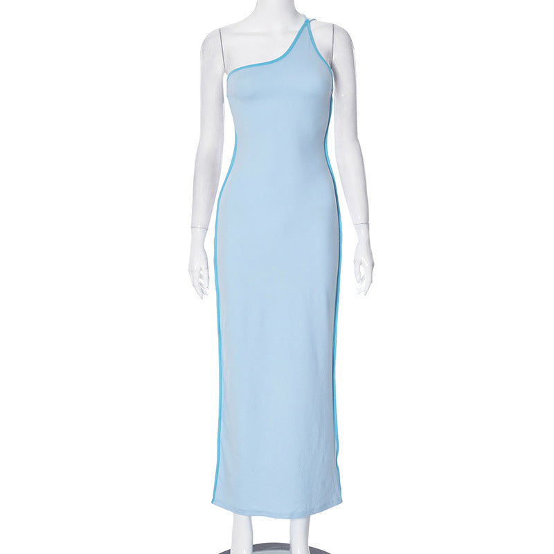 Women Clothing Spring Summer Contrast Color Diagonal Collar One Shoulder Backless Lace up Sexy Sheath Dress Women