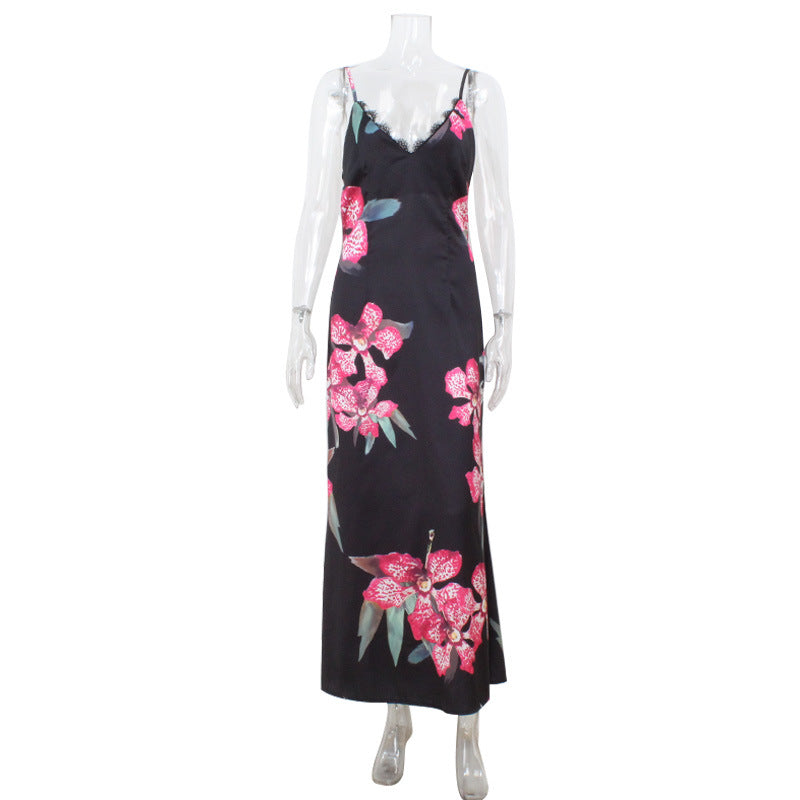 French Women Clothing V neck Strap Slim Fit Figure Flattering Maxi Dress Vintage Printed Court Advanced Dress
