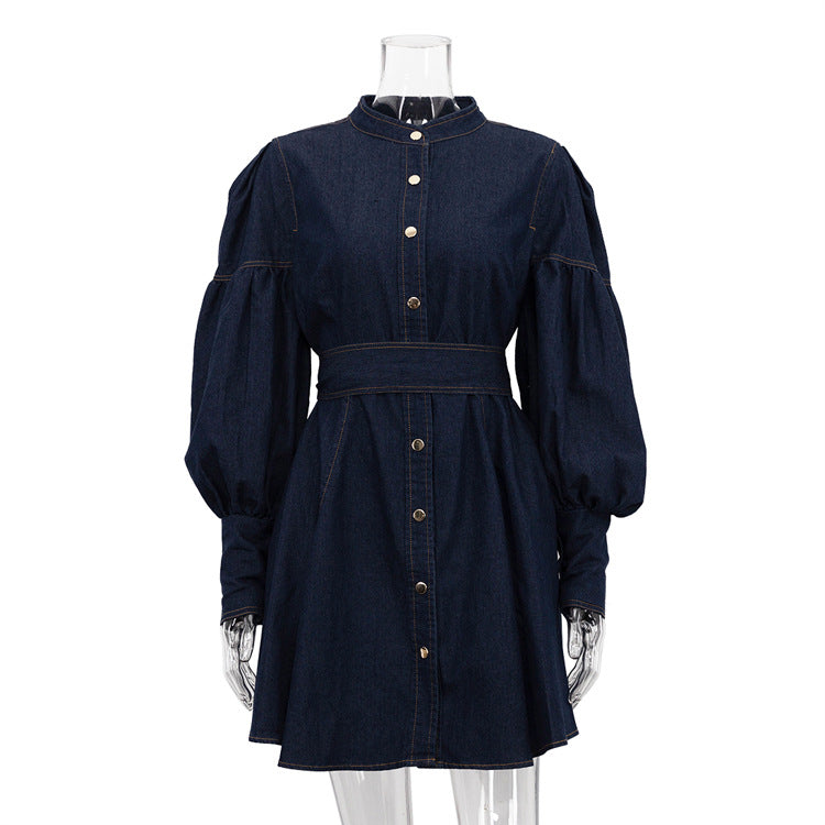 Denim Shirt Dress Niche Design Lantern Sleeve Lace up Graceful Fashionable Dress