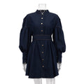 Denim Shirt Dress Niche Design Lantern Sleeve Lace up Graceful Fashionable Dress