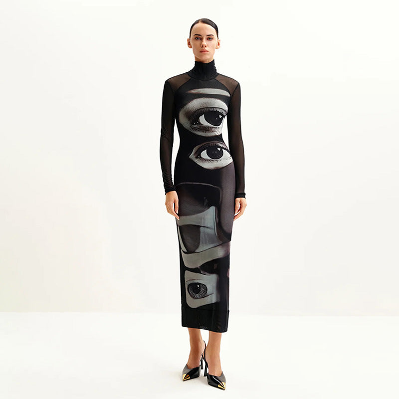 Women Clothing Three Dimensional Printing Double Layer Mesh Turtleneck Long Sleeve Dress Long