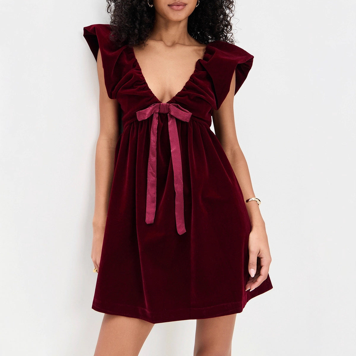 Autumn Winter V neck Bow Pleuche Party Women Dress