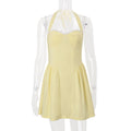 Women Clothing Summer Sexy Square Collar Elegant Backless Solid Color Halter Waist Dress