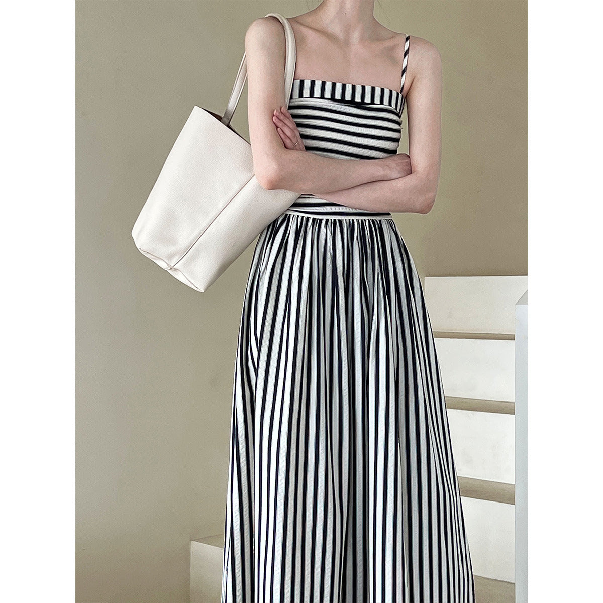 French Striped Bandeau Sling Dress Women High Grade off the Shoulder Pleated Waist Tight A line Long Summer