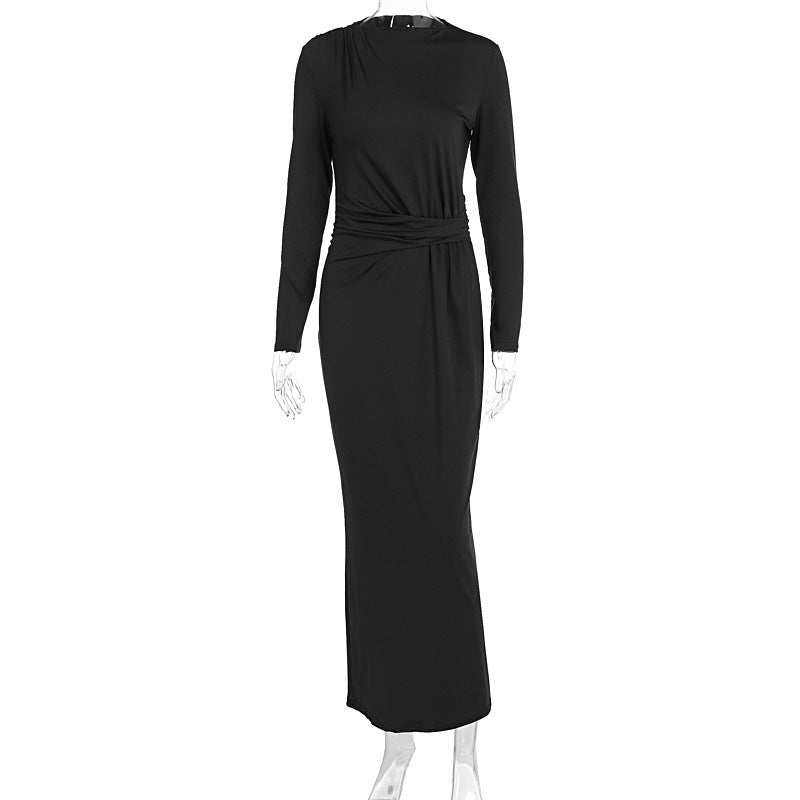 Autumn Women Long Sleeve Fitted Waist Pleated Slim Maxi Dress