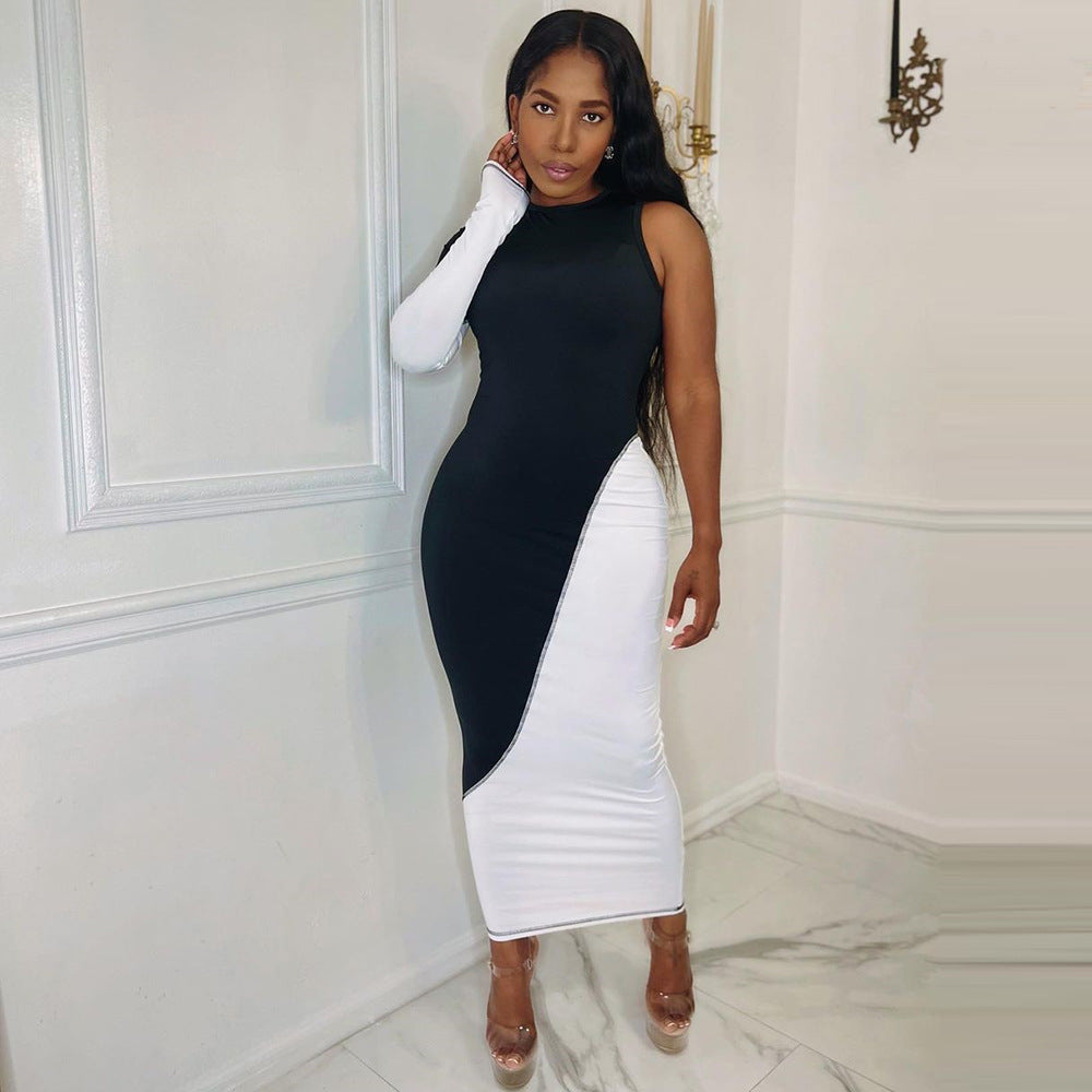 Women Clothing Spring Summer Contrast Color Slim Fit Single Side Long Sleeve Maxi Dress