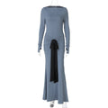 Women Clothing Summer Solid Color Pleated Waist Controlled Lace up Long Sleeve Dress Women