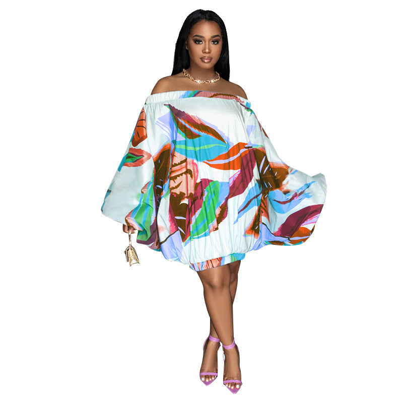 Spring Summer Off Shoulder Loose Elastic Printing Batwing Shirt Long Sleeve Dress
